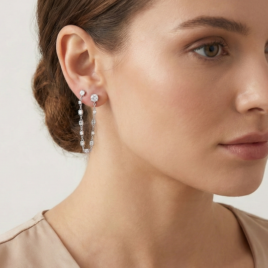 Brinco Duplo Cristal Correntinha