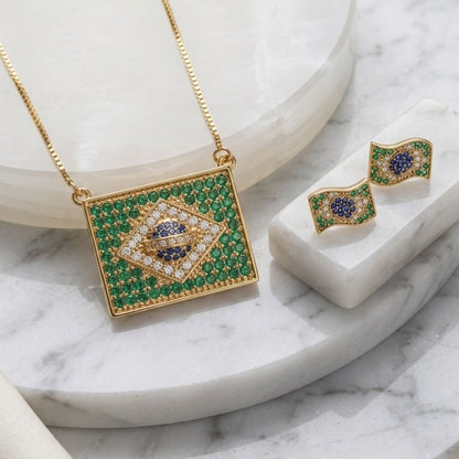 Conjunto Brinco e Colar Bandeira do Brasil, banho Ouro 18K