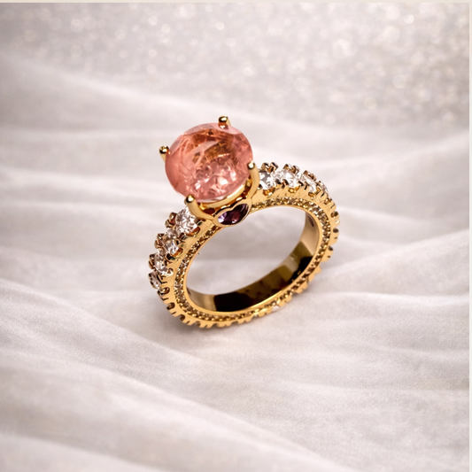 Anel Solitário Rosa Aro Cravejado Aro 22