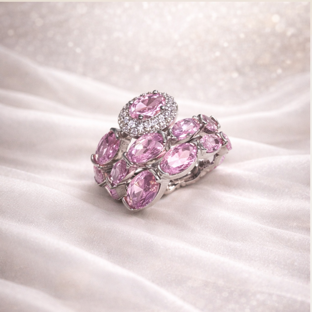 Anel Pedras Rosa Bebê Aro 9 Dedinho