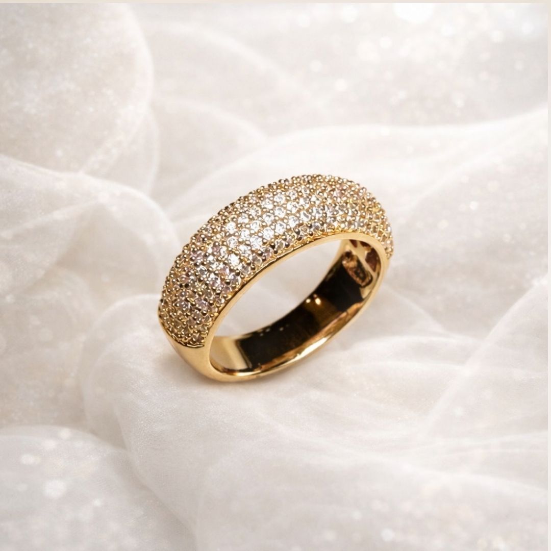 Anel ouro 18K largo cravejado de zircônias Aro 16