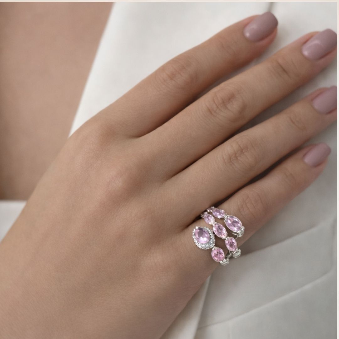 Anel Pedras Rosa Bebê Aro 9 Dedinho