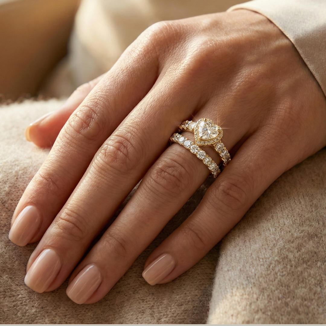 Anel Duplo, coração cravejado, e aro inteiro cravejado