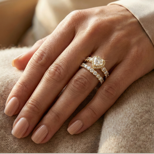 Anel Duplo, coração cravejado, e aro inteiro cravejado