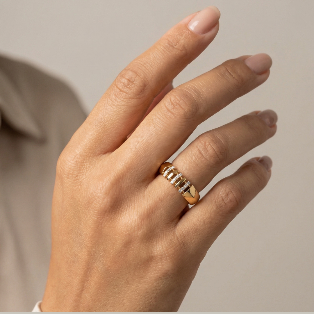 Anel aliança 3 hastes cravejadas