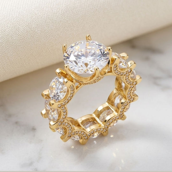 Anel Luxo Pedras Cristais e Cravejado, Banho Ouro 18K