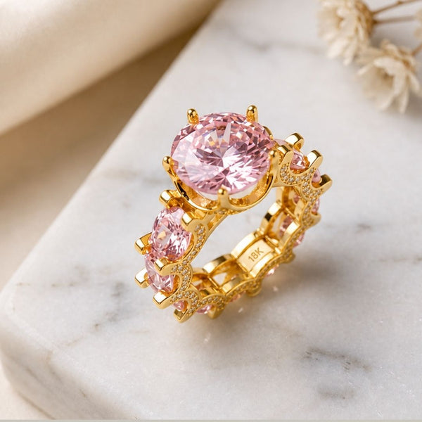 Anel Luxo Pedras Rosa e Cravejado