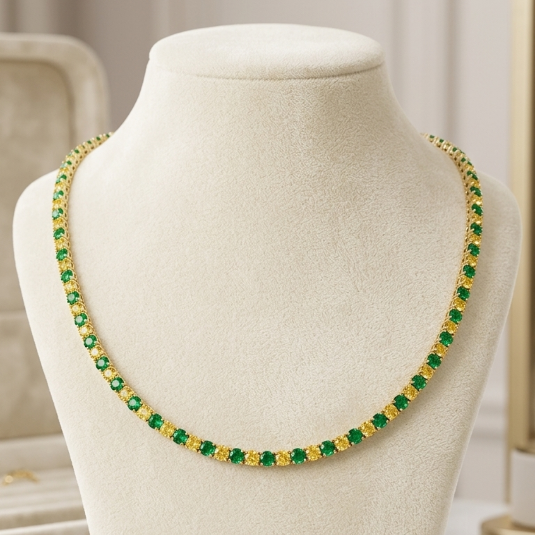 Colar Rivieira Verde e Amarelo 4 pontas, 3mm cada pedra, banho ouro 18K