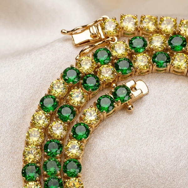 Colar Rivieira Verde e Amarelo 4 pontas, 3mm cada pedra, banho ouro 18K