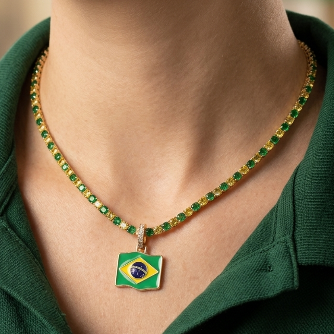 Colar Rivieira Verde e Amarelo 4 pontas, 3mm cada pedra, banho ouro 18K