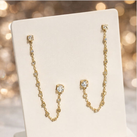 Brinco Duplo Correntinha Pontos Cristais