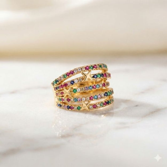 Piercing Fake ouro 18K com 5 astes cravejadas de zircônias coloridas