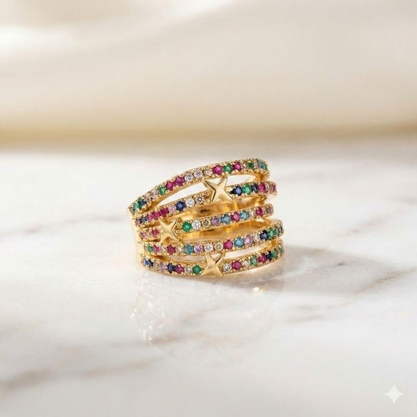 Piercing Fake ouro 18K com 5 astes cravejadas de zircônias coloridas
