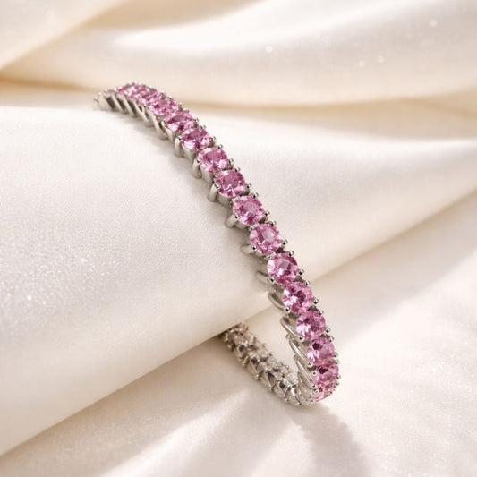 Pulseira ródio branco de rivieira 3 pontas na cor rosa claro