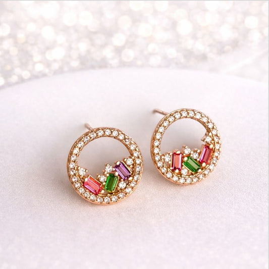 Brinco Delicado Redondo Pedras coloridas Quentes