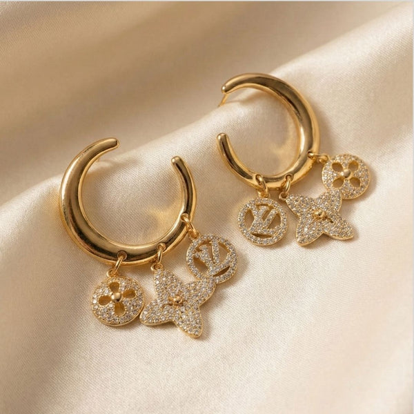 Brinco ouro 18K de argola frontal e pingentes pendurados inspiração Louis Vuitton