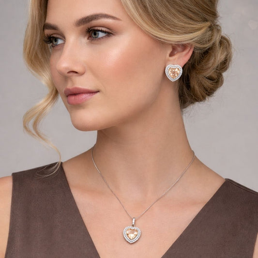 Colar Coração Citrino Cravejado em volta banho ródio branco