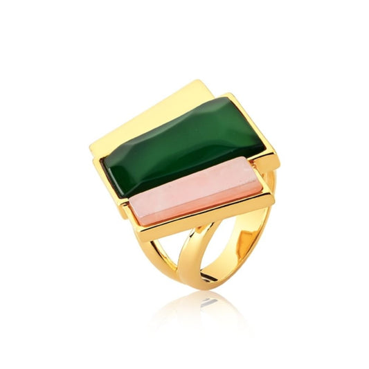 ANEL CHUVA, ÁGATA VERDE E QUARTZO ROSA
