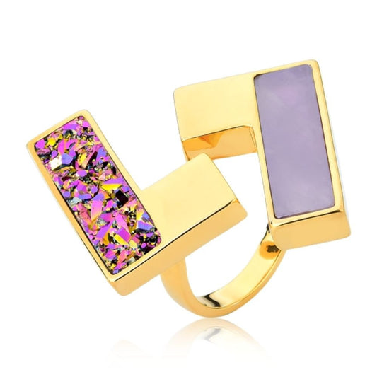 Anel Simetria DUO DRUZA MULTICOLORIDA + AMETISTA PEROLIZADA