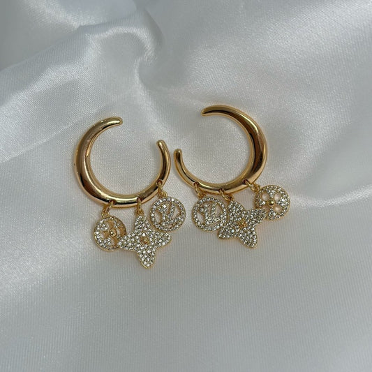 Brinco ouro 18K de argola frontal e pingentes pendurados inspiração Louis Vuitton