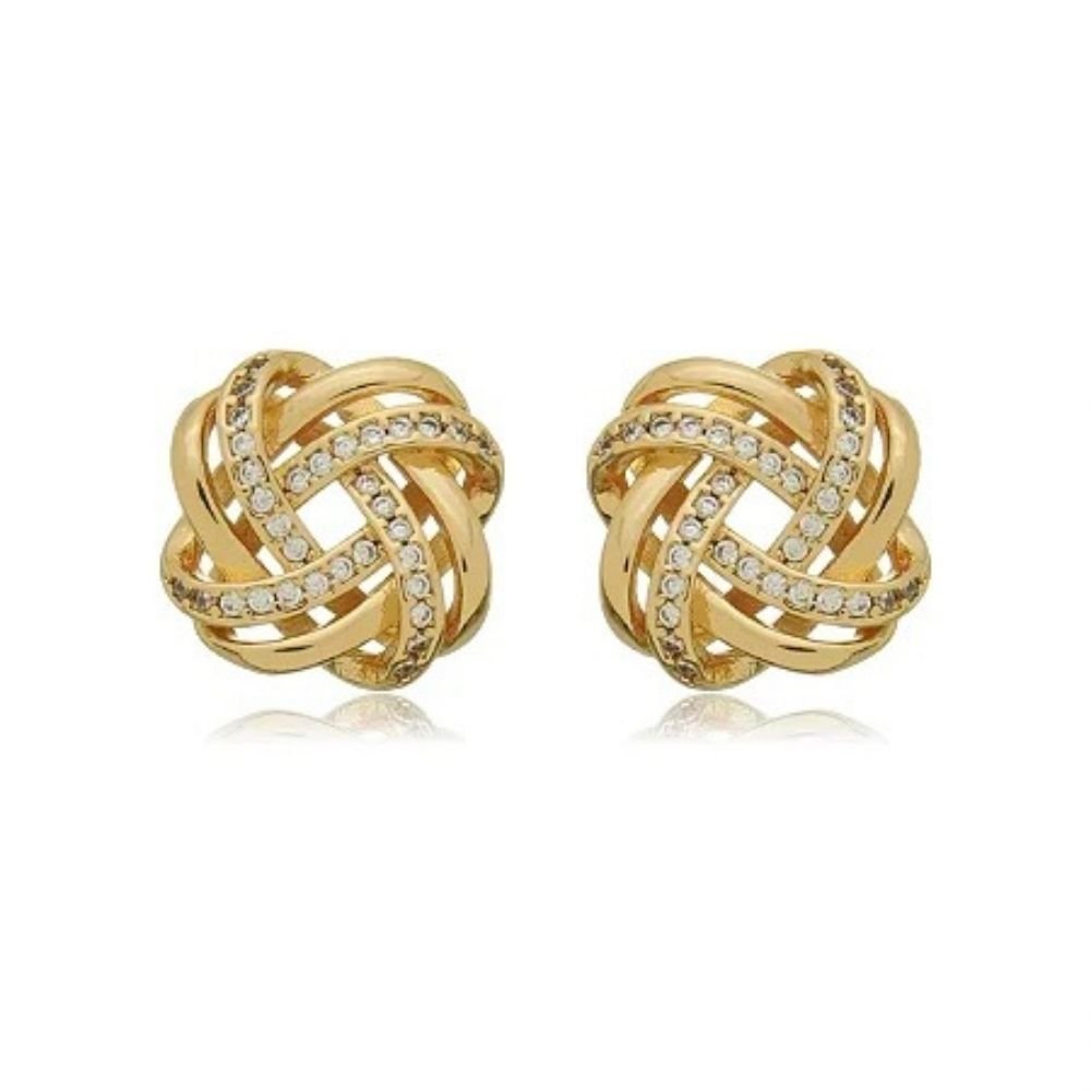 Brinco ouro 18K de flor com astes cravejadas de zircônias