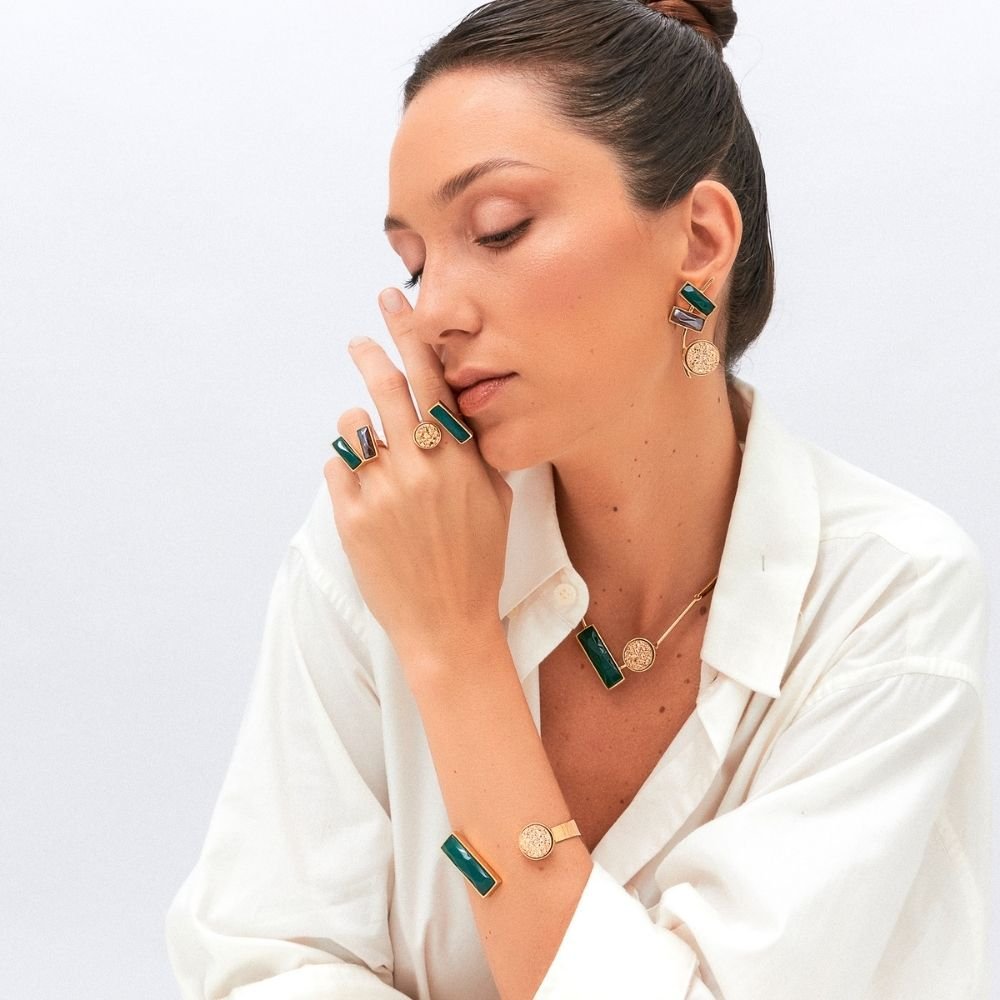 BRACELETE CONVICTA, DRUZA OURO E ÁGATA VERDE