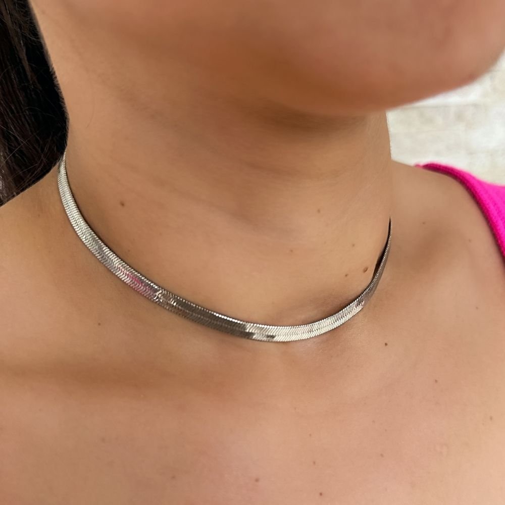 Colar rodio branco malha flat