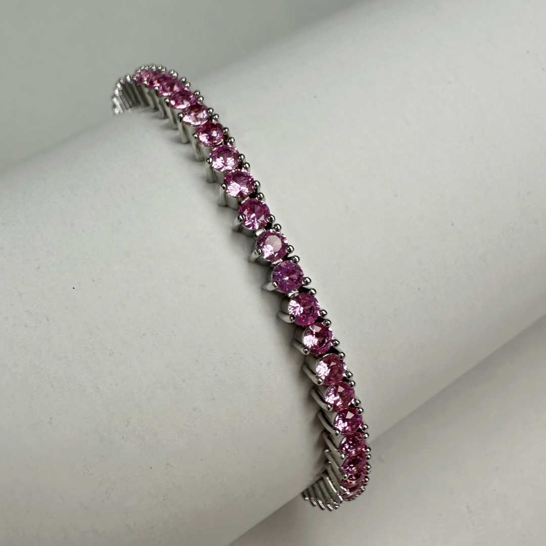 Pulseira ródio branco de rivieira 3 pontas na cor rosa claro